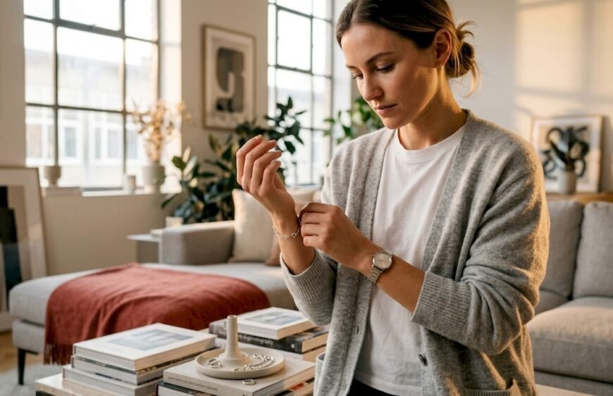 Woman pairing bracelet with watch on wrist