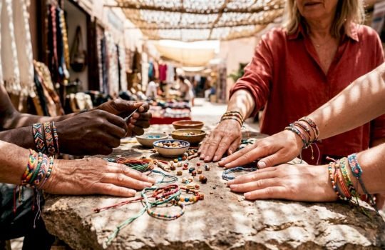 Primer plano de diversas manos que llevan pulseras de cordón