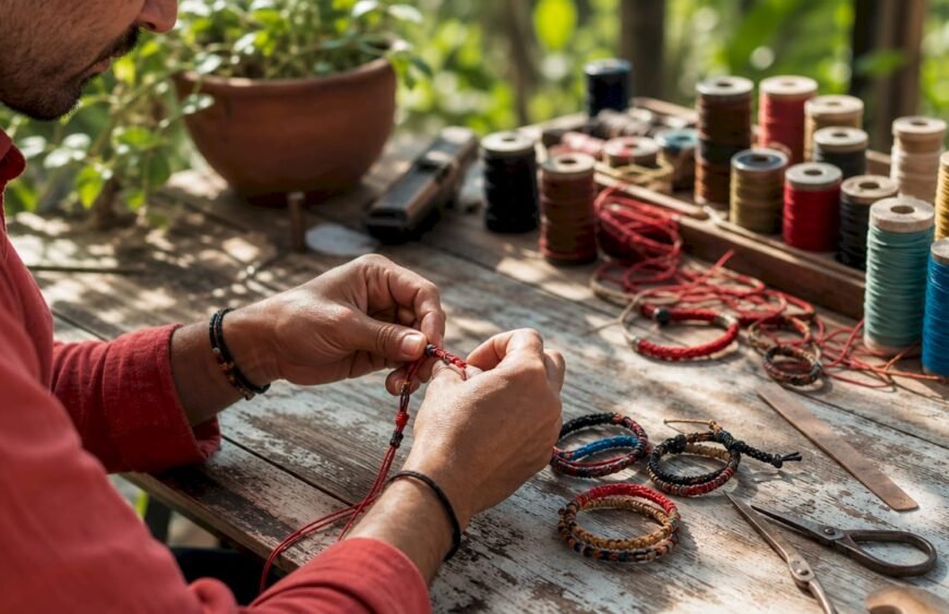Hands weaving colorful string bracelets on wooden table