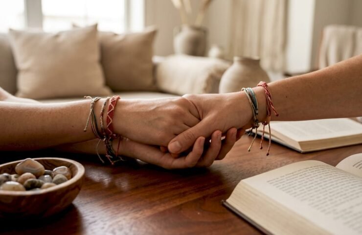 Hands wearing colorful connection bracelets