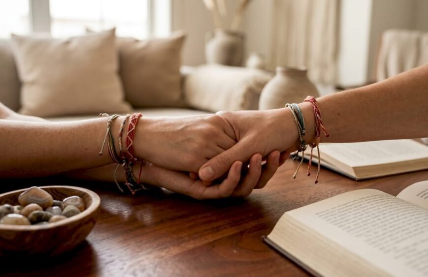 Hands wearing colorful connection bracelets