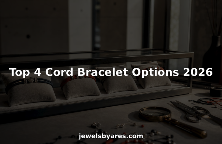 Four cord bracelets displayed on velvet cushions in jeweler's studio