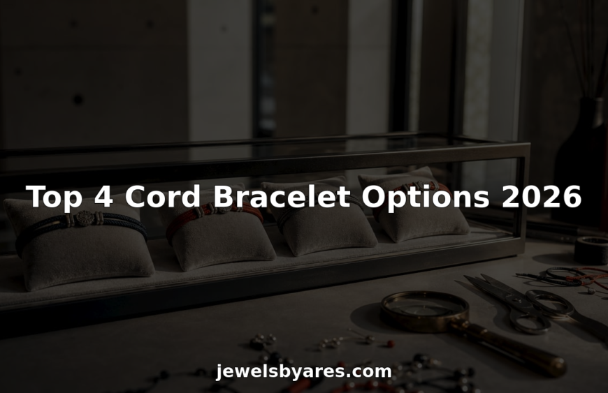 Four cord bracelets displayed on velvet cushions in jeweler's studio