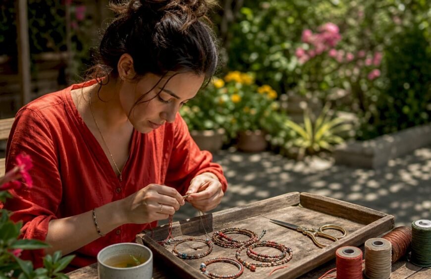 Woman making stackable cord bracelets at home