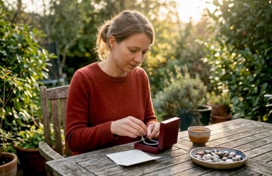 Woman wrapping bracelet gift at kitchen table