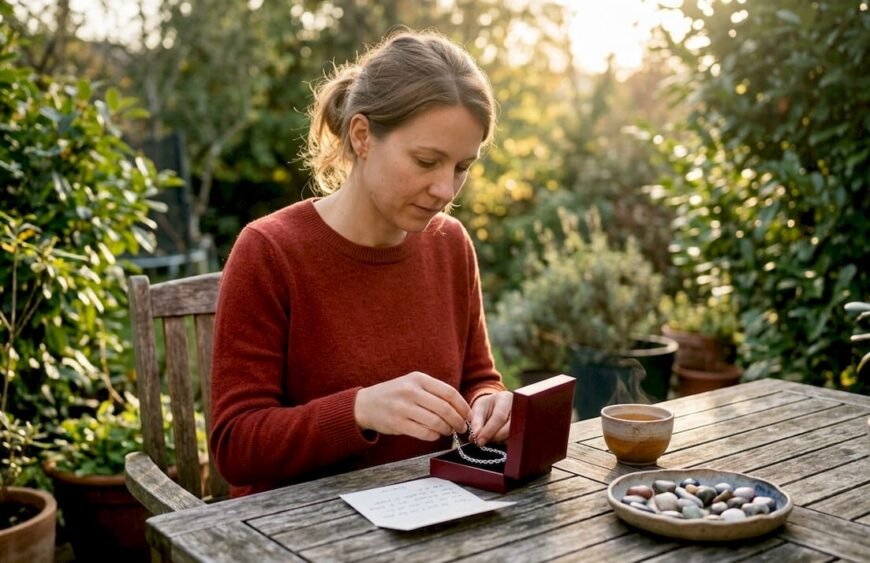 Woman wrapping bracelet gift at kitchen table