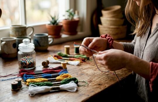 Hands braiding colorful thread bracelets