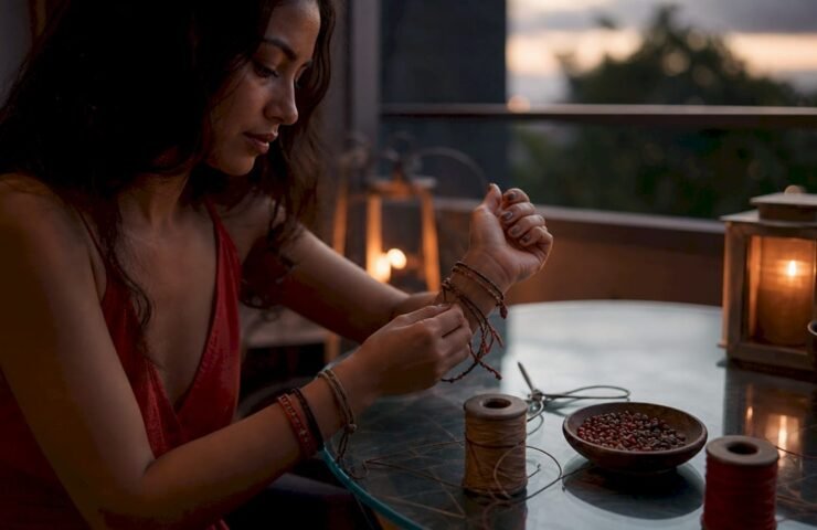 Hands styling cord bracelets on wrist
