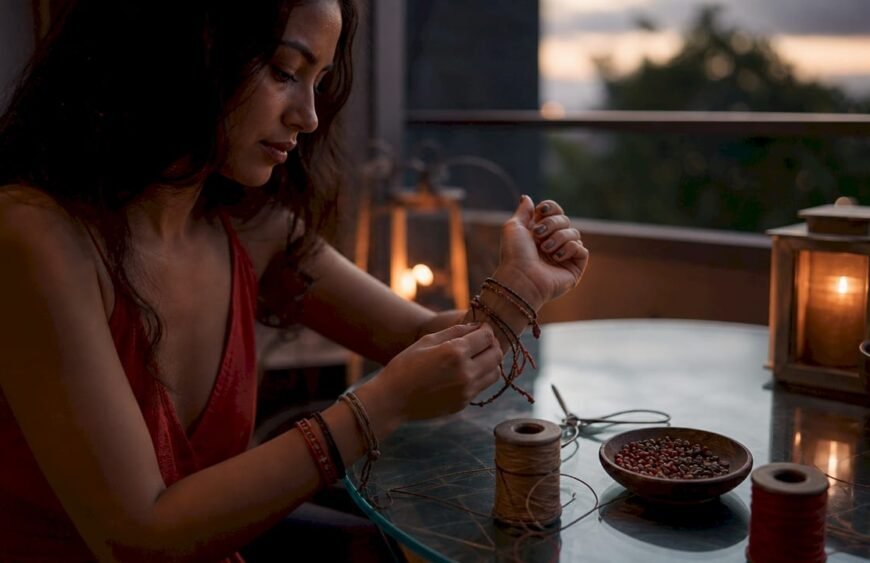 Hands styling cord bracelets on wrist