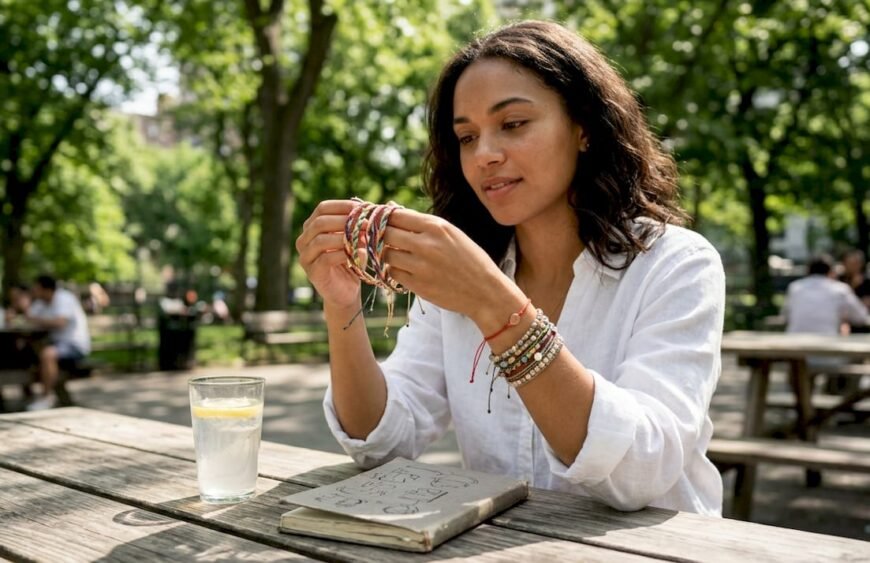 Woman examining string bracelets outdoors