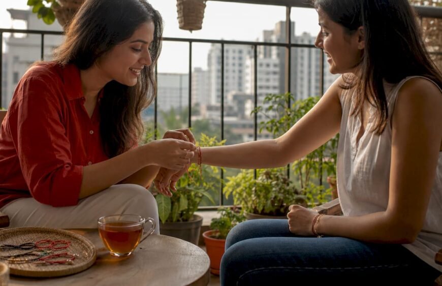 Woman tying red string bracelet on friend's wrist