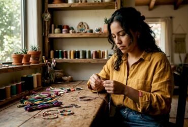 Artisan making colorful friendship bracelets