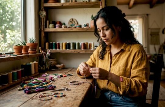 Artisan making colorful friendship bracelets