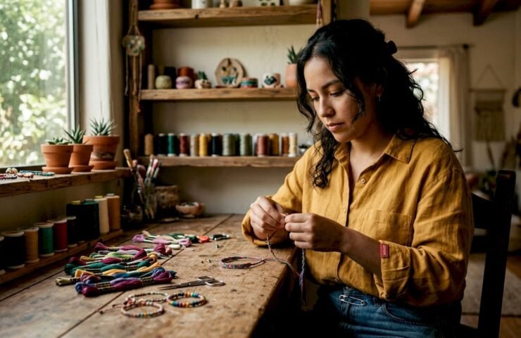 Artisan making colorful friendship bracelets