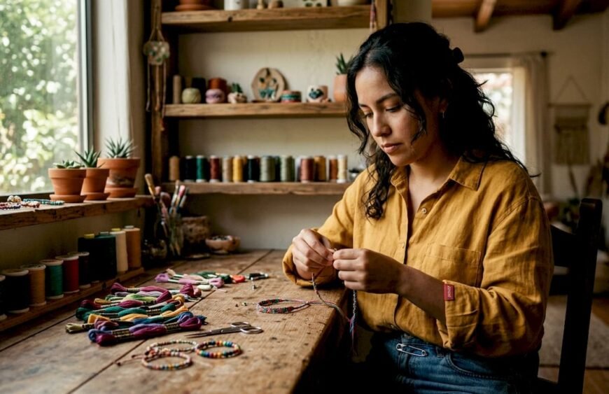 Artisan making colorful friendship bracelets