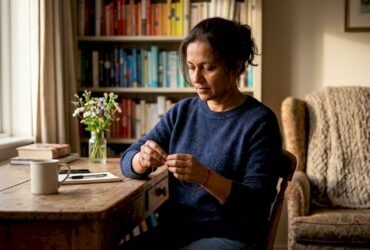 Hands tying a red thread bracelet indoors
