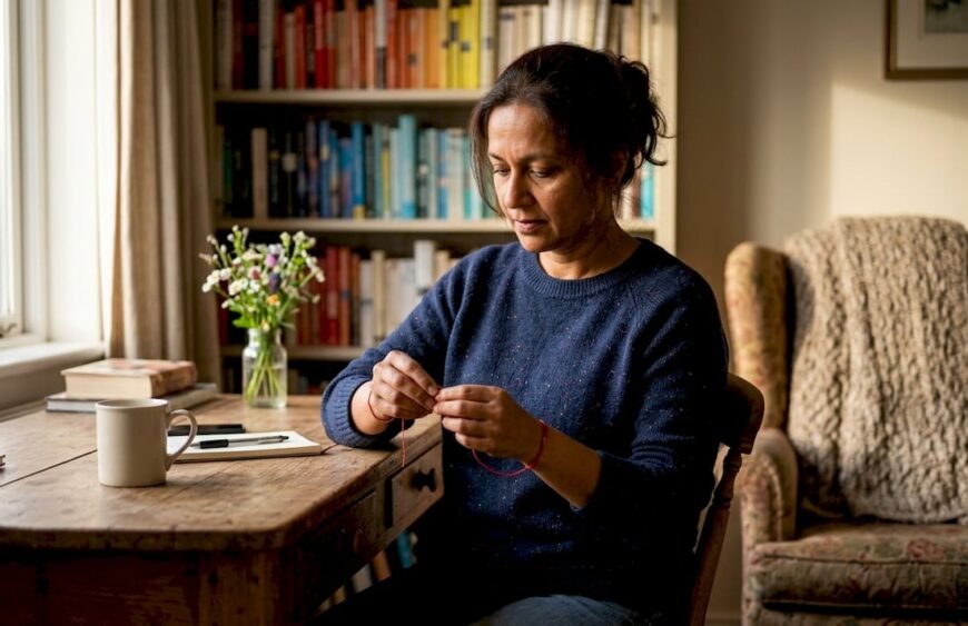 Hands tying a red thread bracelet indoors