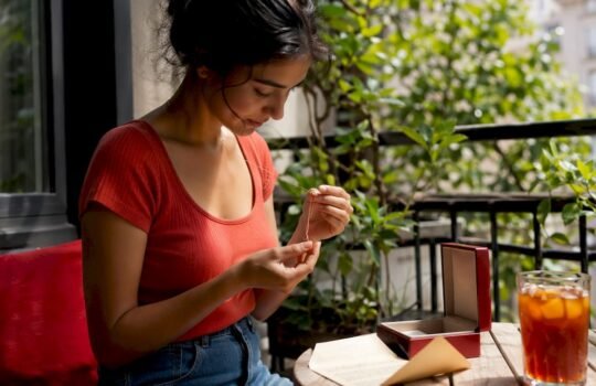 Woman examining birthstone pendant jewelry