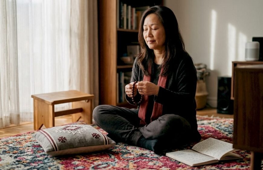 Woman meditating with Buddhist bead bracelet