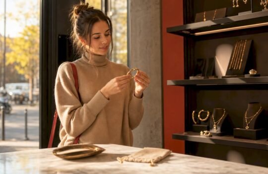 Woman examining gold-plated jewelry in store