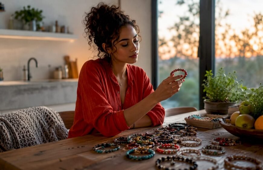 Woman selecting bracelets thoughtfully indoors
