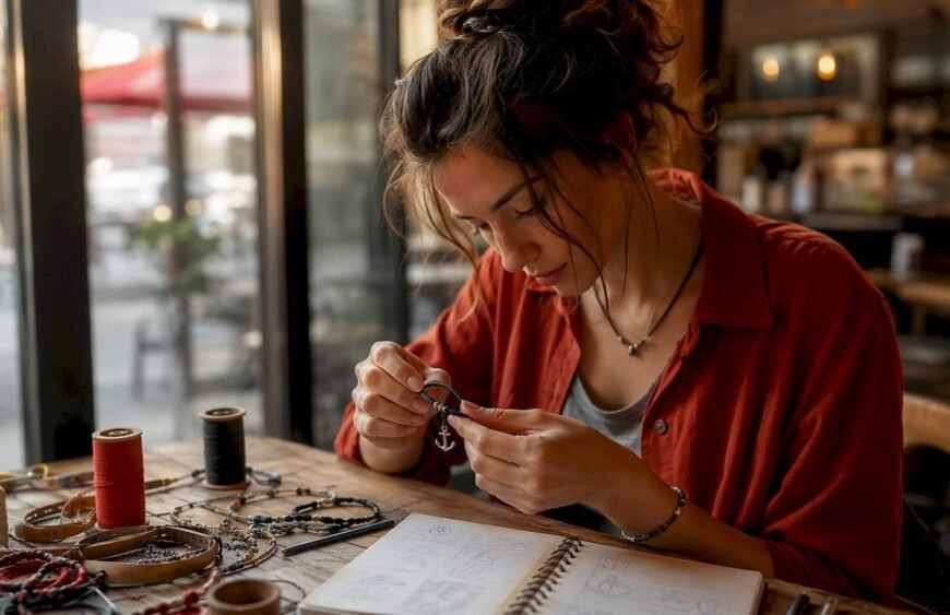 Artisan selecting anchor bracelet in workshop