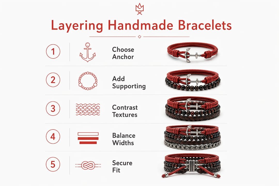 Infographic illustrating steps to layer bracelets